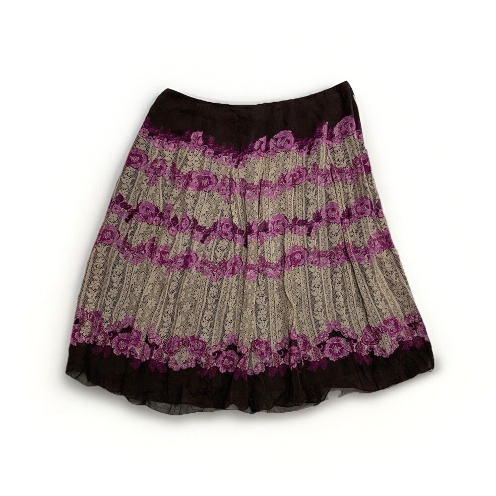 Y2K Anne Klein Silk Pleated A Line Skirt Sz 4P Brown Floral Lace Whimsigoth Boho